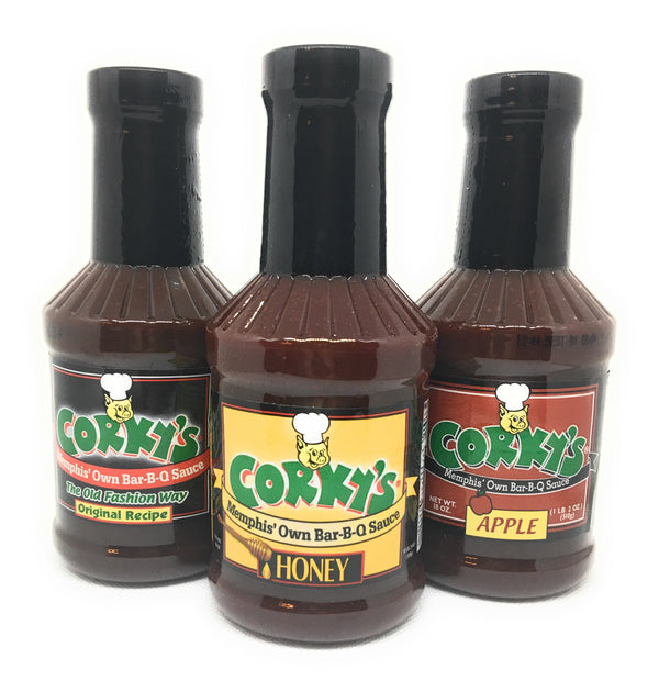 Corky's Set of (3) 18oz Original, Honey & Apple BBQ Sauces The